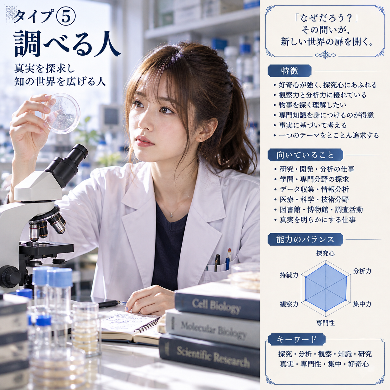 タイプ⑤ 調べる人。女性研究者のイラストと特徴・向いていること・能力のバランス