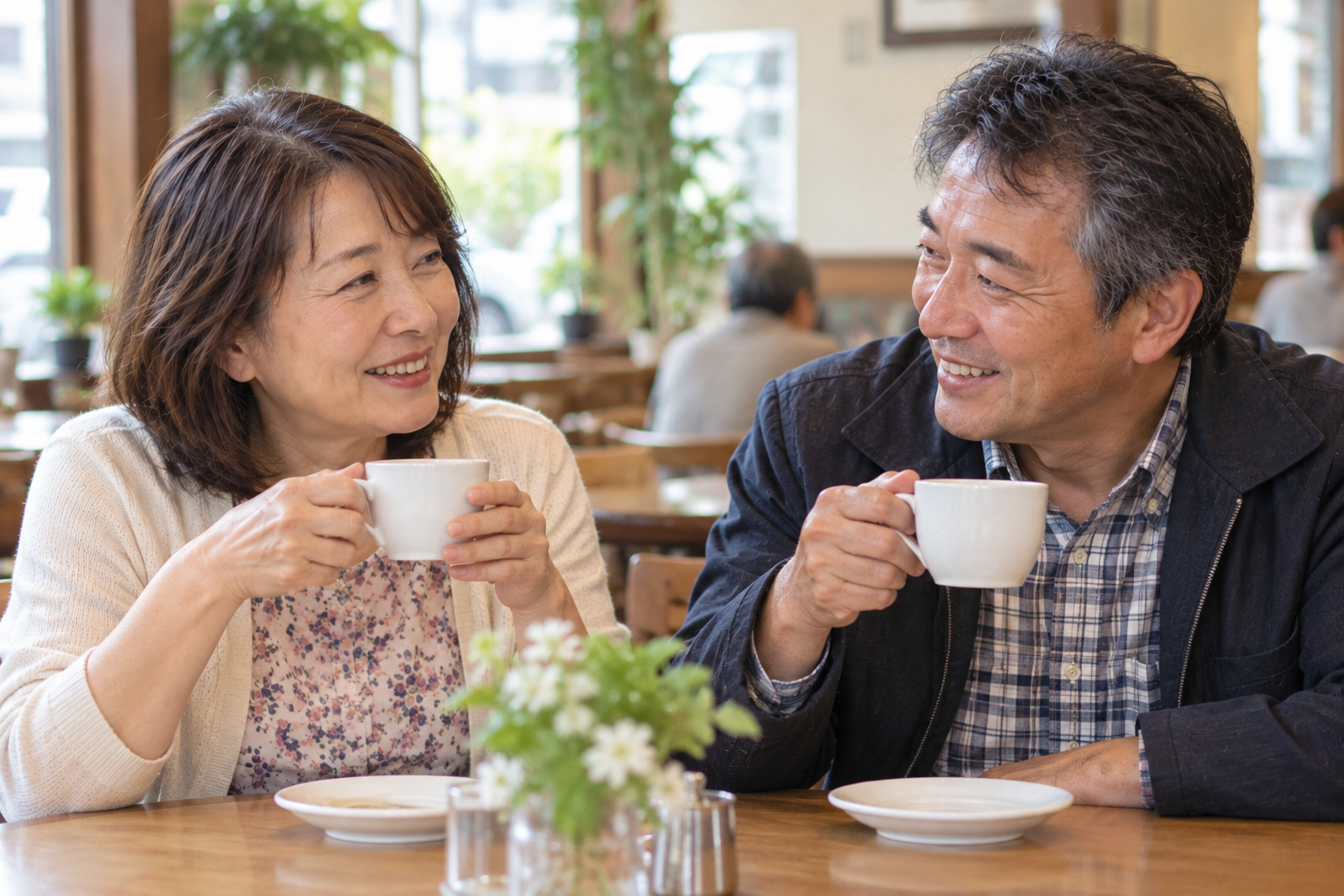 喫茶店でお茶を楽しむ50代の男女